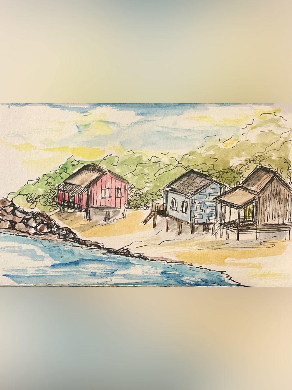 Original hand painted watercolor beach cottage, summer wall decor, art